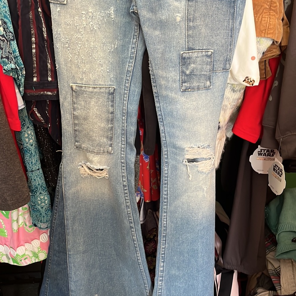 Free People Bell Bottom, Patchwork Jeans - image 3